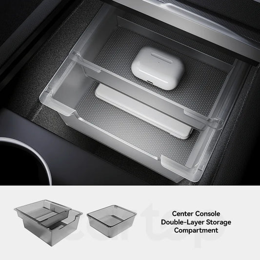 Tcartop Double-Layer Center Console Storage Box for Tesla Model Y Juniper 25+ / 3 Highland 24+ / YL 25-26