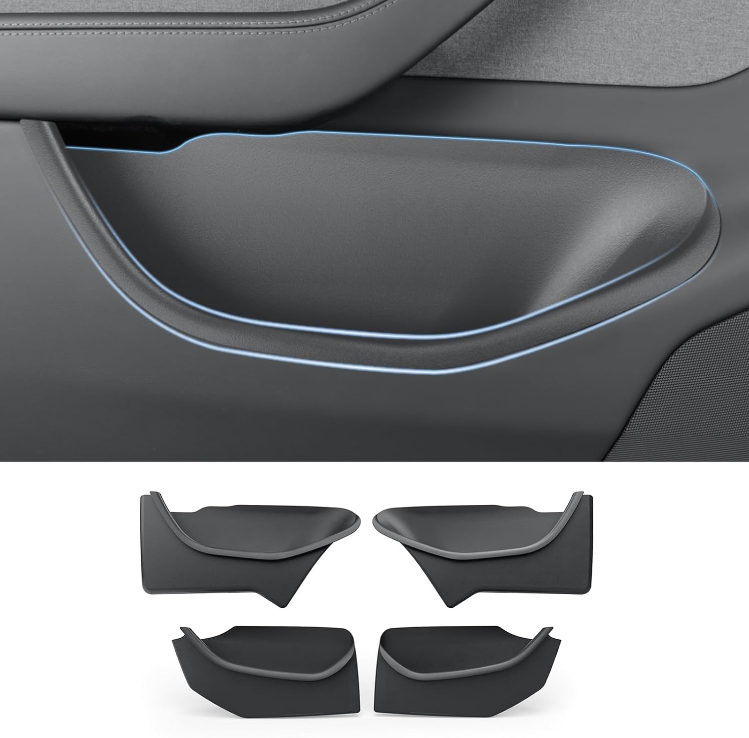 LUCKEASY 4PCS Door Side Storage Box Full Arounding for Tesla Model Y Juniper Standard/Premium/Performance 2025 2026 Front & Rear Door Pocket Inner Organizer Trays Full Cover Accessories TPE Black