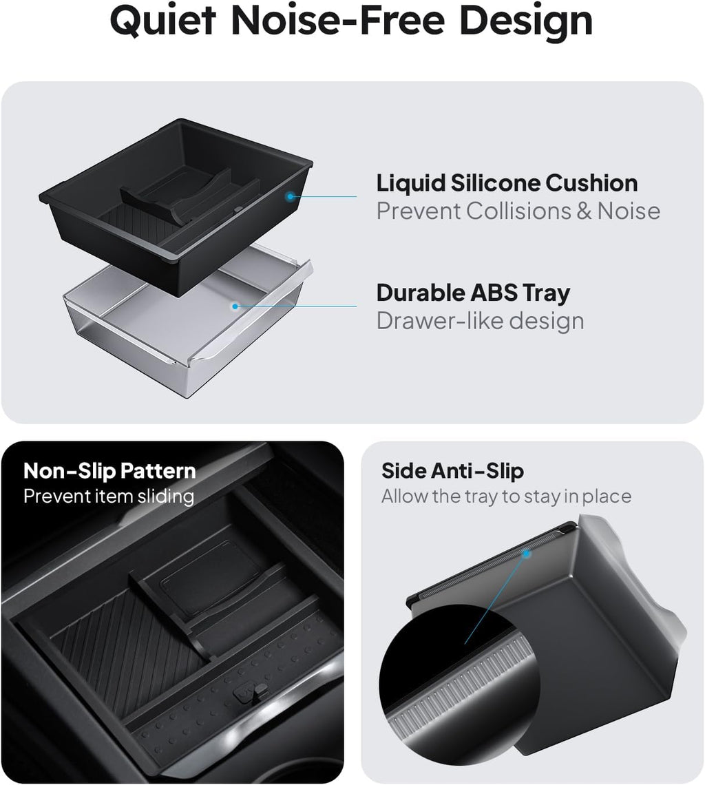 Wigoo Center Console Organizer for Tesla Model Y Juniper (Only Premium & Performance 2025 2026) and All Model 3 Highland Accessories [Double-Layer Storage, Smooth Sliding] 4PCS Black