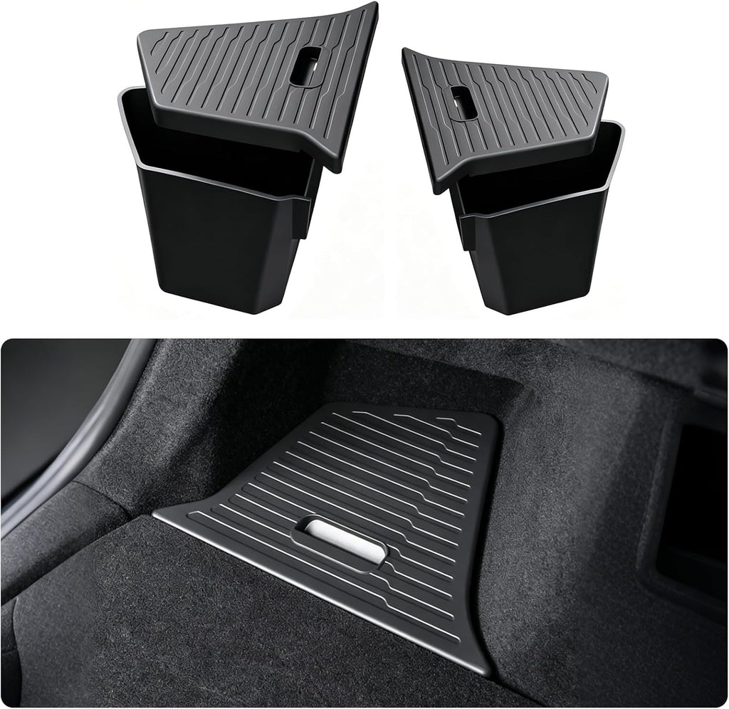 Trunk Storage Bins for 2025 2026 Tesla Model Y Juniper | 2PCS TPE Rear Cargo Side Organizer Boxes with Lids for 5-Seater