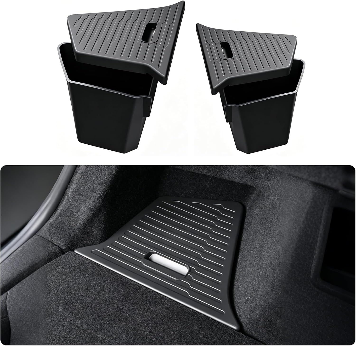 Trunk Storage Bins for 2025 2026 Tesla Model Y Juniper | 2PCS TPE Rear Cargo Side Organizer Boxes with Lids for 5-Seater