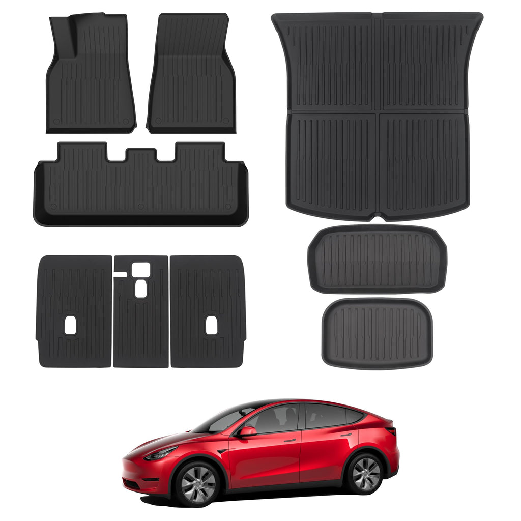 Floor Mats for 2025 2026 Tesla Model Y Juniper, 8PCS All Weather Full Set Cargo Liners Accessories, 3D TPE Odorless Trunk Frunk Rear Mats & Trunk Sill Guard for 5-Seater (Not Fit 7-Seat & Standard)