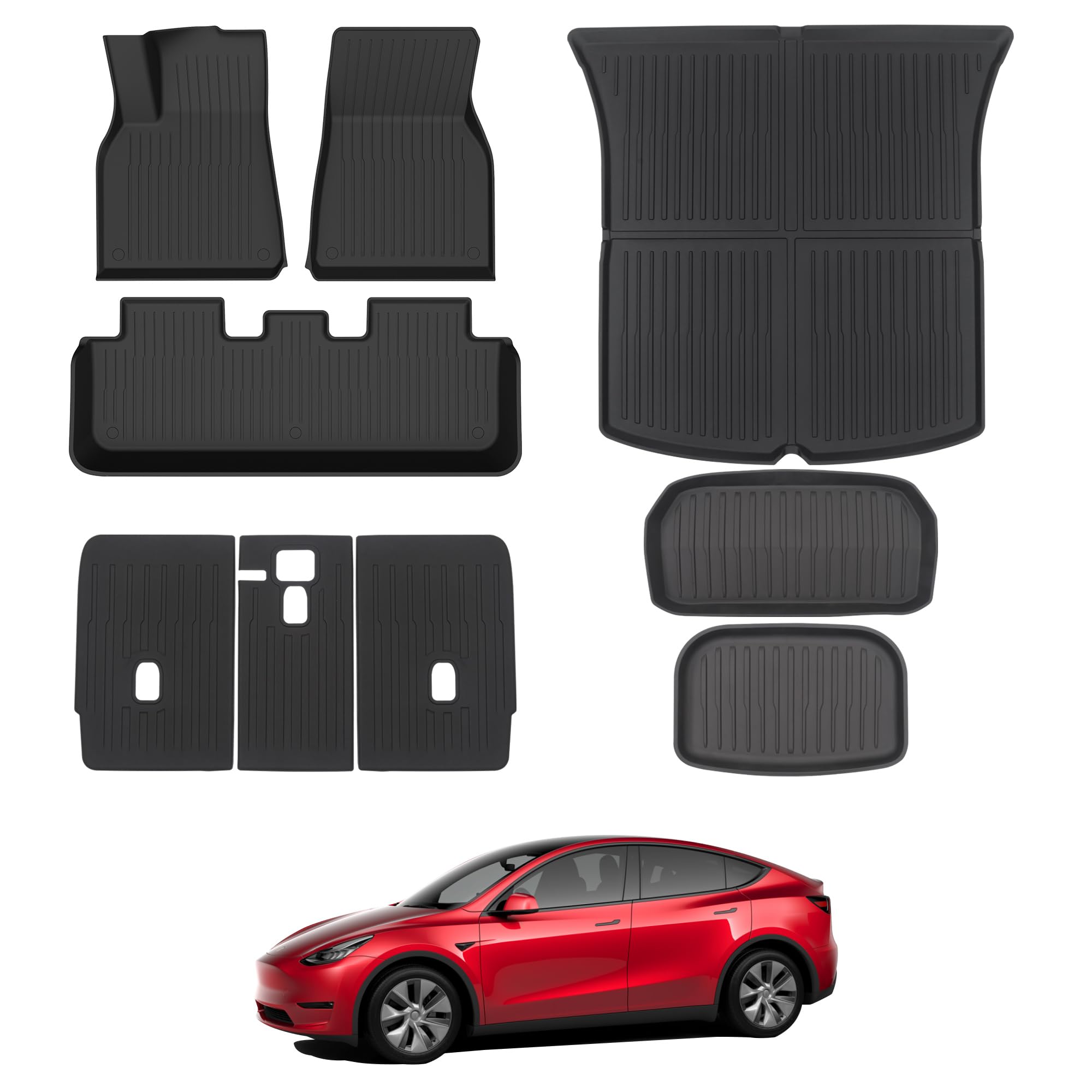 Floor Mats for 2025 2026 Tesla Model Y Juniper, 8PCS All Weather Full Set Cargo Liners Accessories, 3D TPE Odorless Trunk Frunk Rear Mats & Trunk Sill Guard for 5-Seater (Not Fit 7-Seat & Standard)