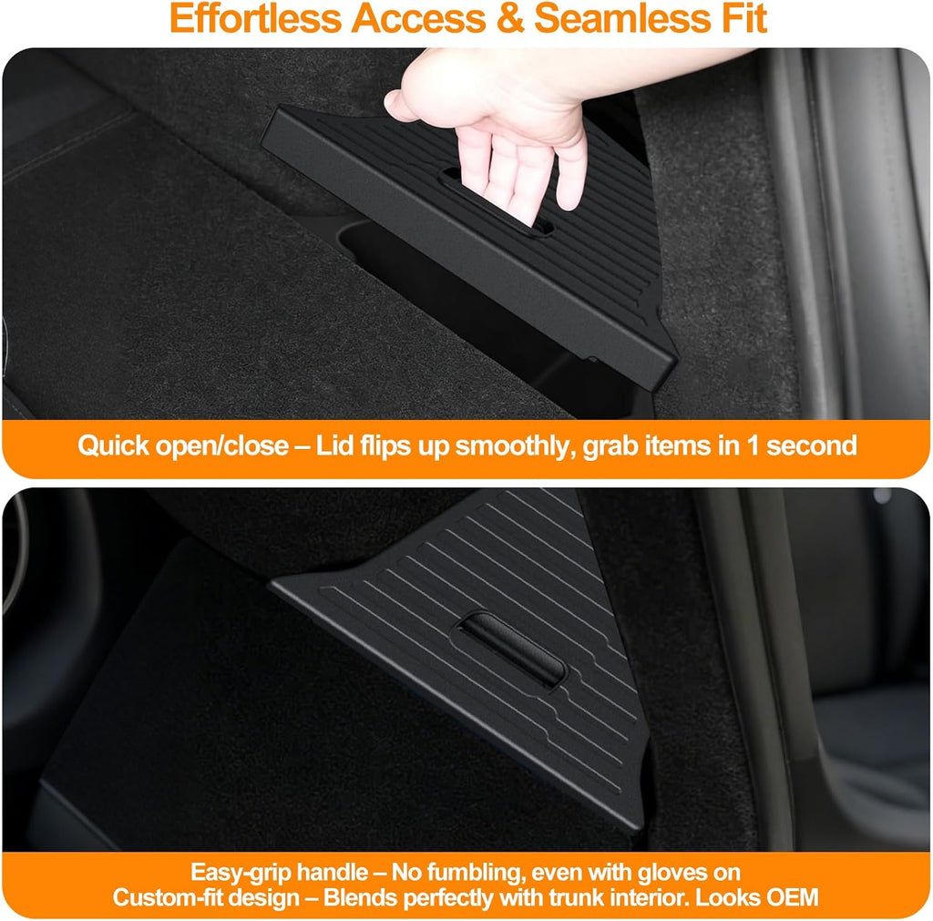 Trunk Storage Bins for 2025 2026 Tesla Model Y Juniper | 2PCS TPE Rear Cargo Side Organizer Boxes with Lids for 5-Seater